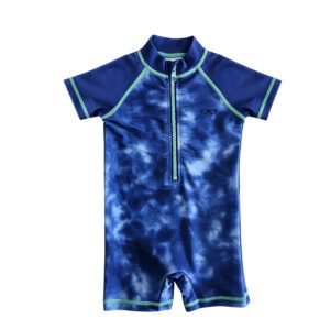 Kids' blue tie-dye short-sleeve one-piece swimsuit